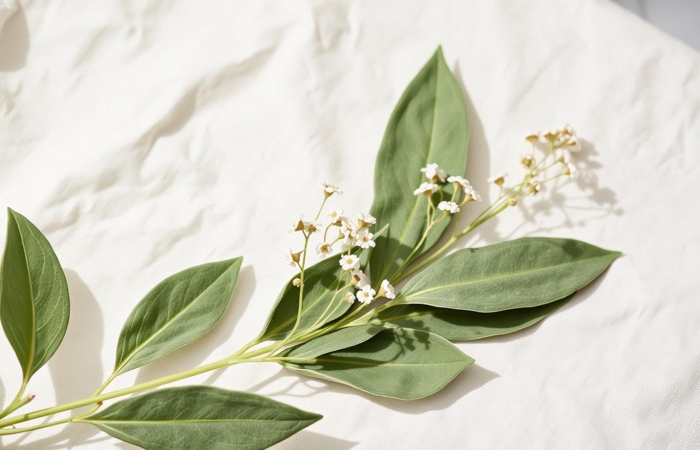 Sage leaves and small white flowers on cream linen
